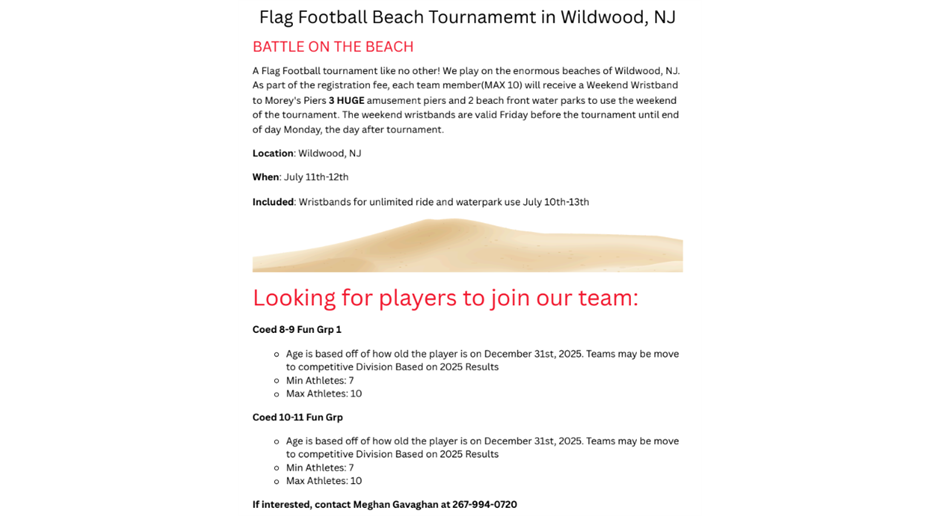 Flag Football Beach Tournament in Wildwood, NJ (July 11-12)